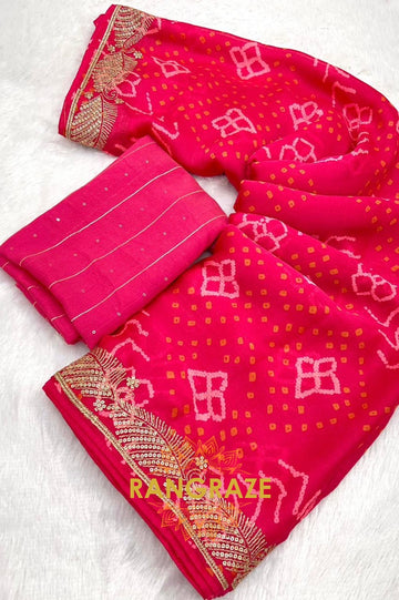 Rose Pink Bandhani Pure Chiffon Saree with Embroidered Border