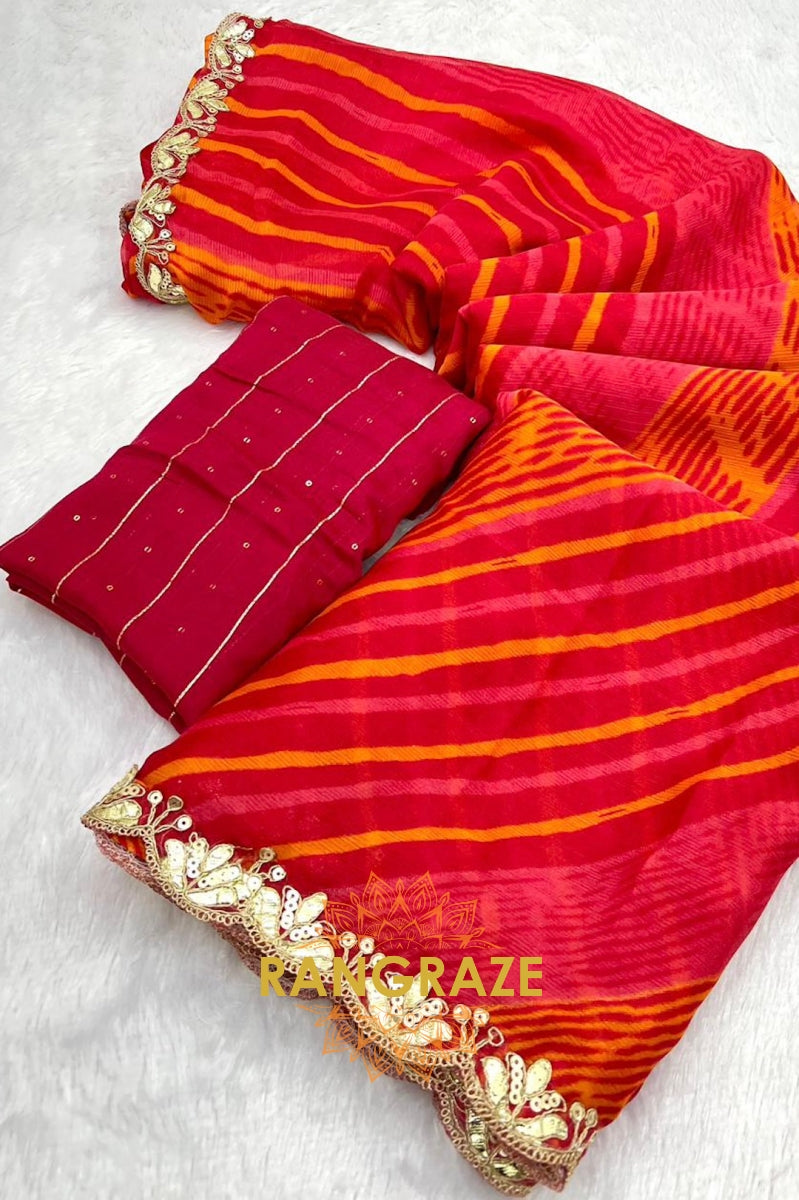 Crimson and Orange Striped Pure Chiffon Saree with Embroidered Border