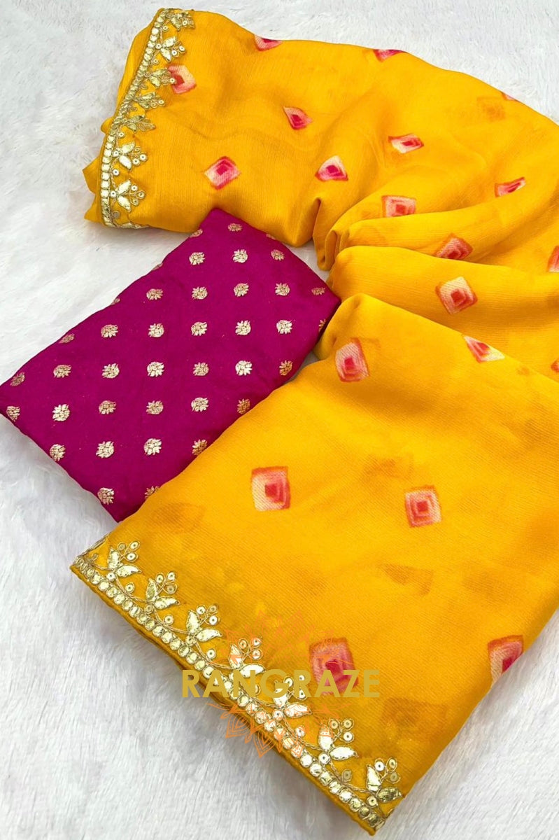 Golden Yellow Pure Chiffon Saree with Floral Motifs and Embroidered Border