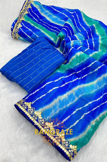 Royal Blue Pure Chiffon Saree with Multicolor Stripes and Embroidered Border