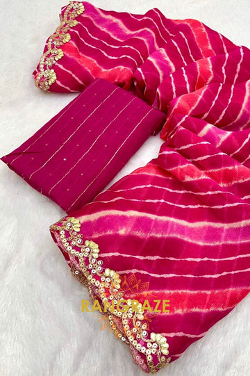 Hot Pink Pure Chiffon Saree with Striped Pattern and Embroidered Border