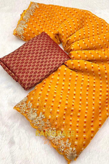 Mustard Bandhani Pure Chiffon Saree with Embroidered Border and Maroon Blouse