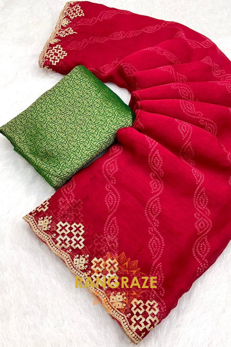 Crimson Pure Chiffon Saree with Embroidered Border and Green Blouse