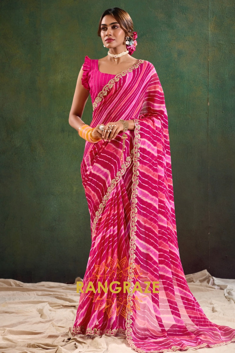 Hot Pink Pure Chiffon Saree with Striped Pattern and Embroidered Border