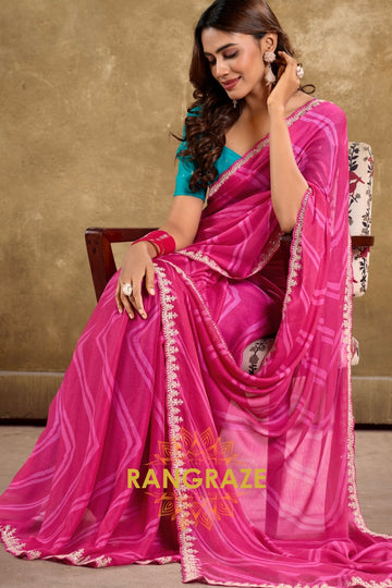 Fuchsia Pink Pure Chiffon Saree with Embroidered Border and Teal Green Blouse