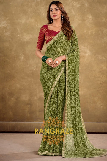 Olive Green Pure Chiffon Saree with Geometric Prints and Embroidered Border