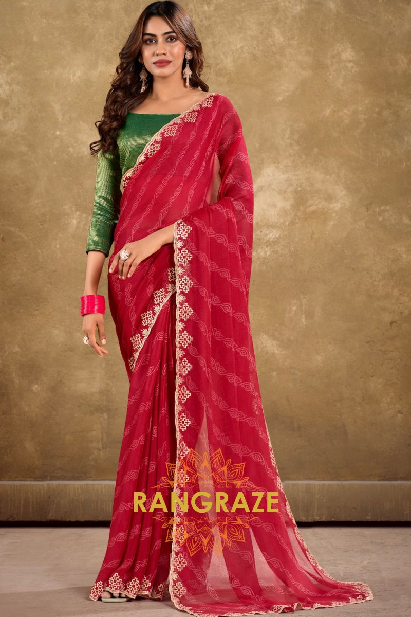 Crimson Pure Chiffon Saree with Embroidered Border and Green Blouse