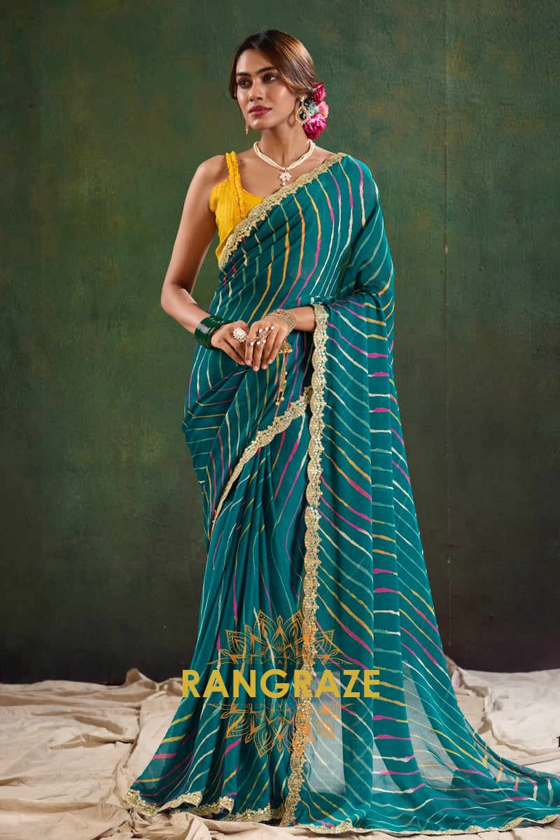 Teal Blue Pure Chiffon Saree with Multicolor Stripes and Embroidered Border