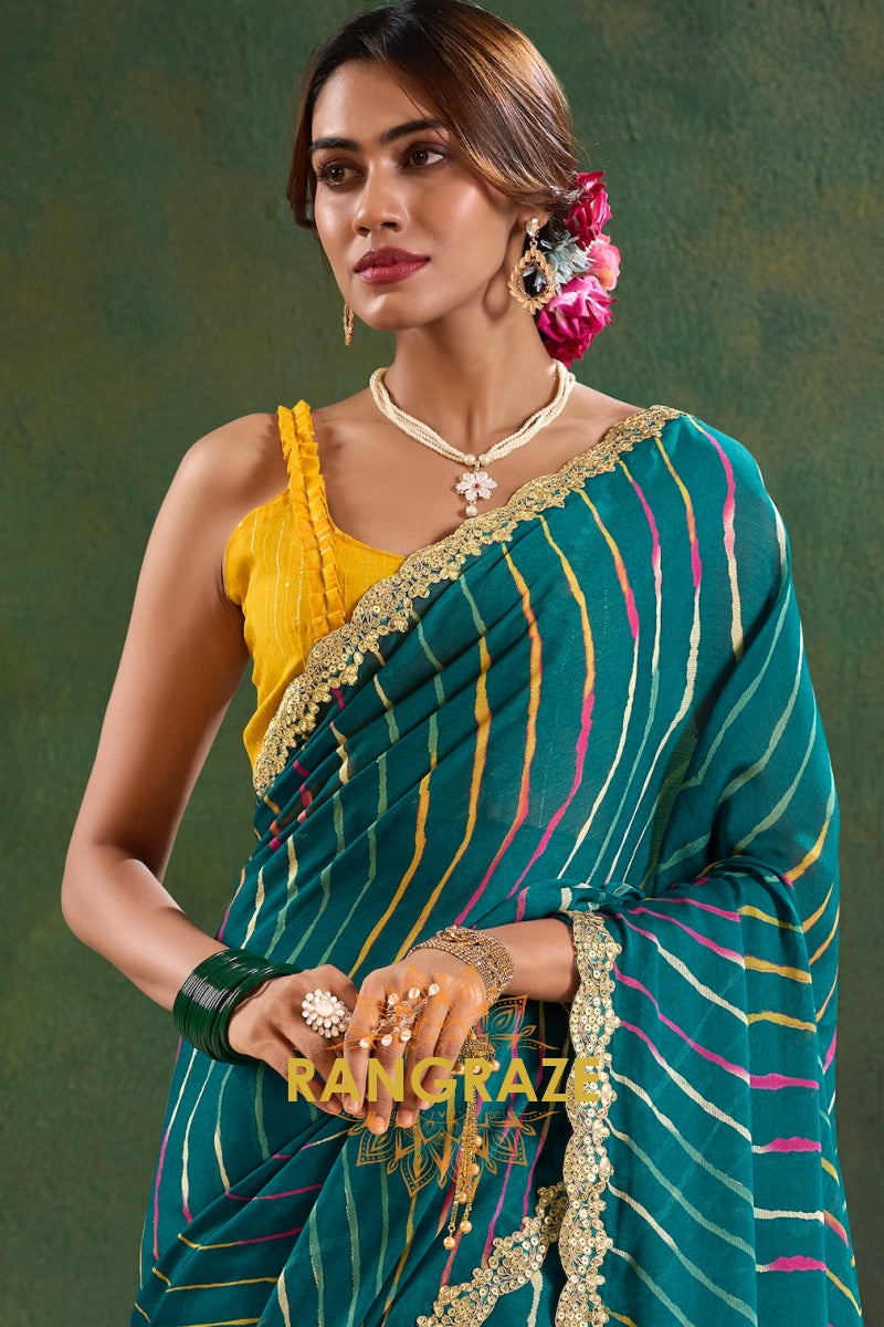 Teal Blue Pure Chiffon Saree with Multicolor Stripes and Embroidered Border