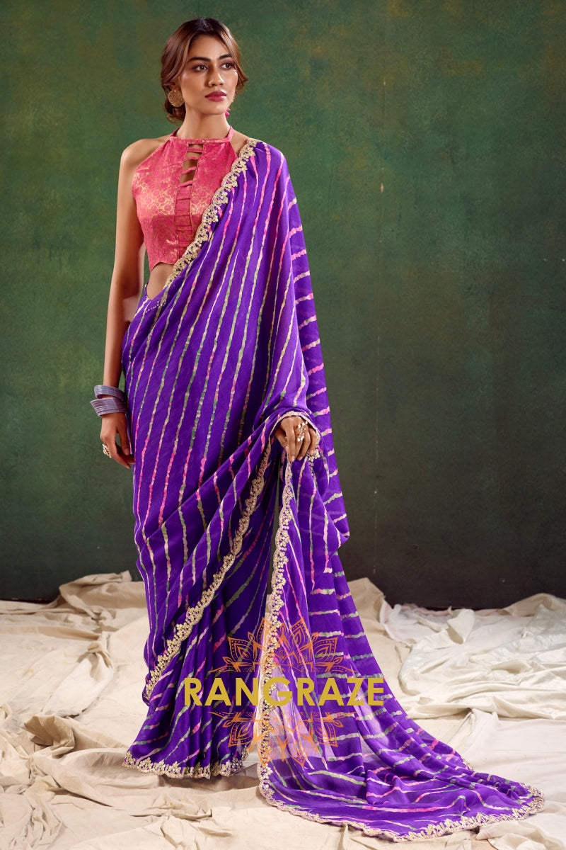 Purple Striped Pure Chiffon Saree with Embroidered Border and Halter Neck Blouse