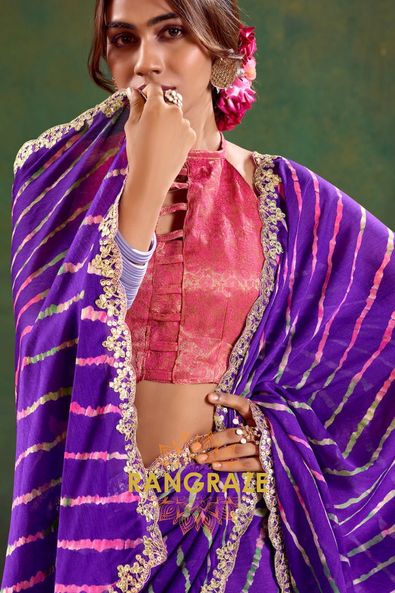 Purple Striped Pure Chiffon Saree with Embroidered Border and Halter Neck Blouse