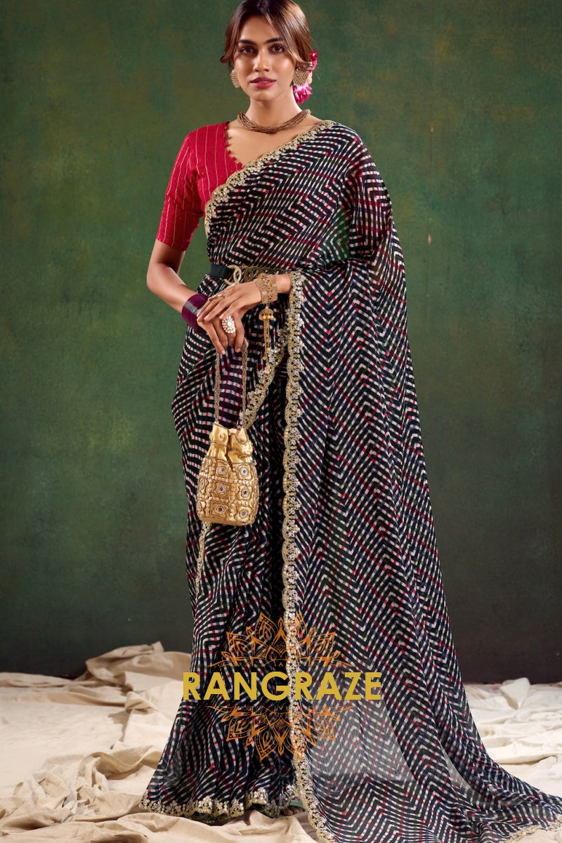 Black Multicolor Striped Pure Chiffon Saree with Embroidered Border and Red Blouse