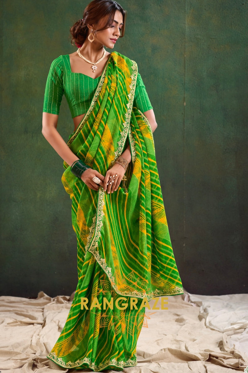 Lime Green and Yellow Pure Chiffon Saree with Striped Design and Embroidered Border