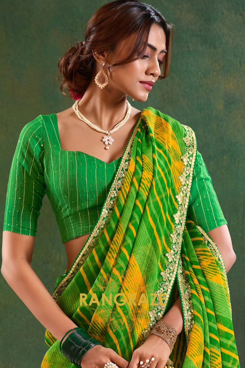 Lime Green and Yellow Pure Chiffon Saree with Striped Design and Embroidered Border