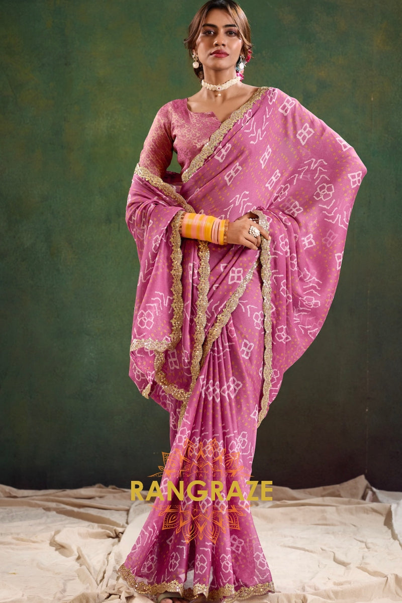 Rose Pink Bandhani Pure Chiffon Saree with Embroidered Border