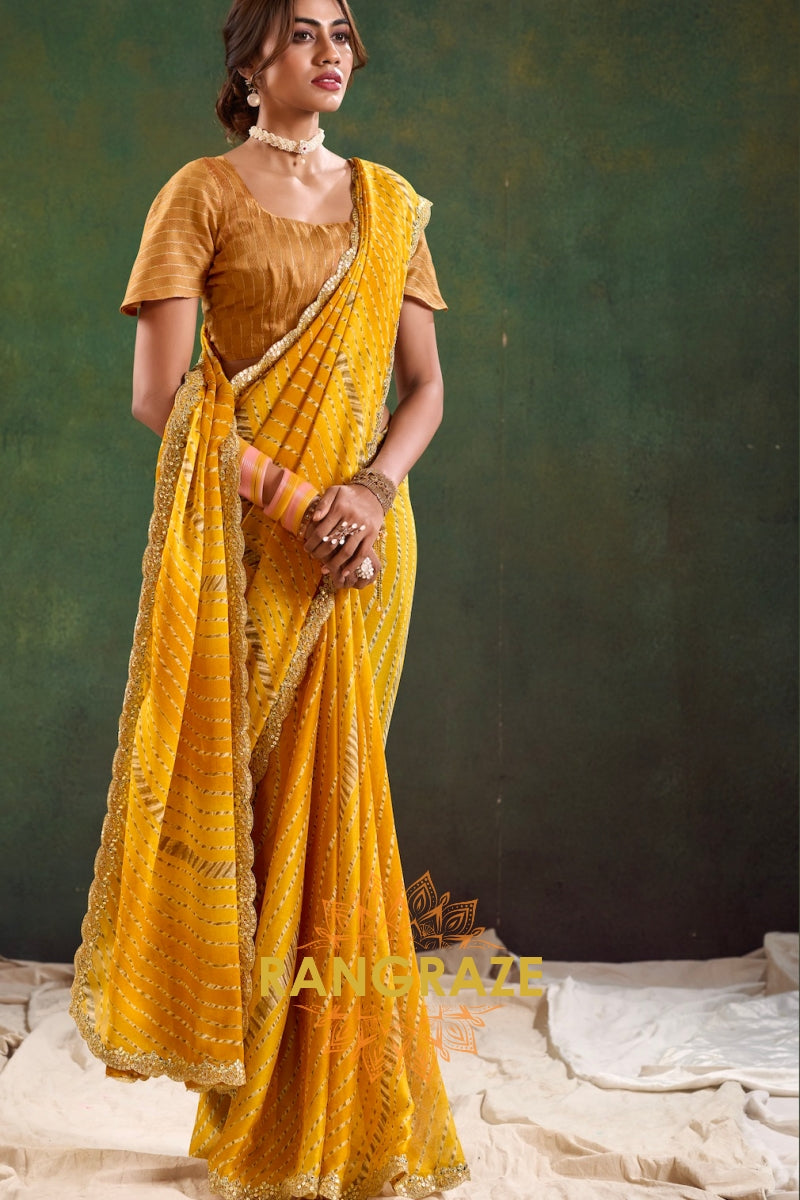 Golden Mustard Pure Chiffon Saree with Cutwork Embroidery