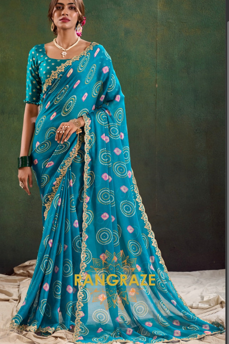 Teal Blue Bandhani Pure Chiffon Saree with Embroidered Border