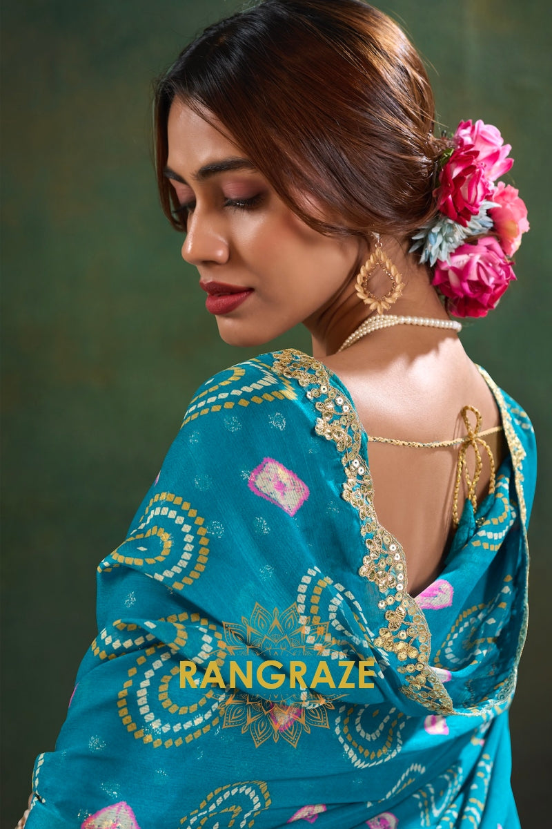 Teal Blue Bandhani Pure Chiffon Saree with Embroidered Border