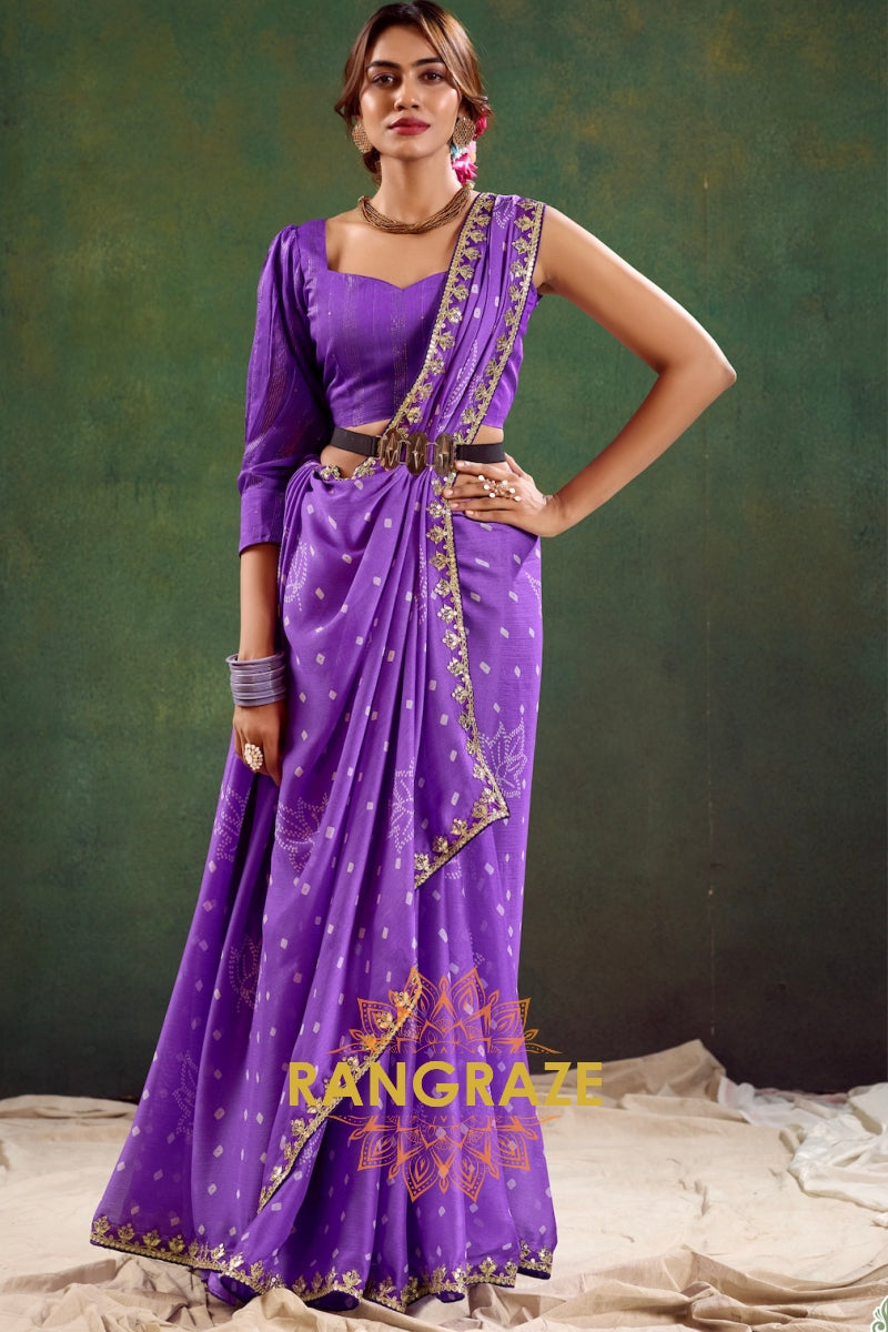 Lavender Pure Chiffon Saree with Embroidered Border and Contemporary Blouse