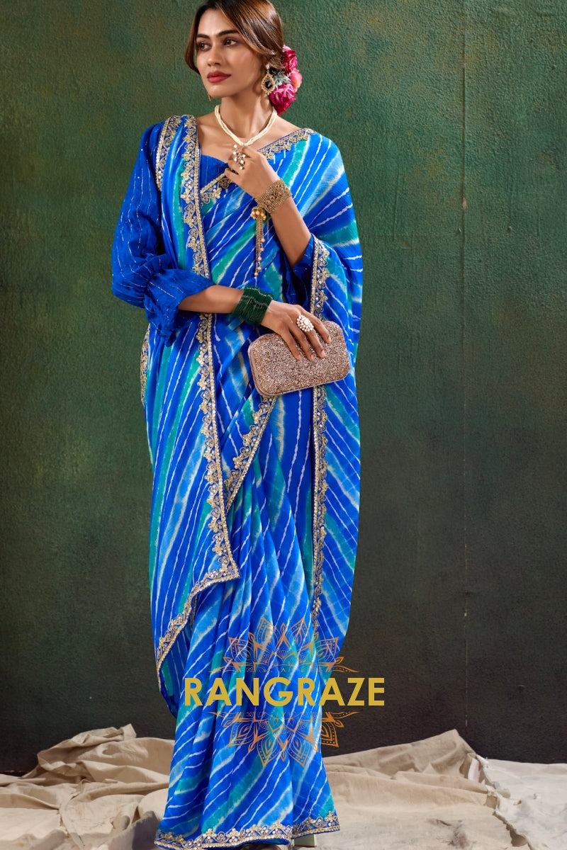 Royal Blue Pure Chiffon Saree with Multicolor Stripes and Embroidered Border