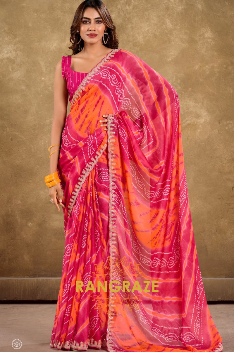 Pink and Orange Bandhani Pure Chiffon Saree with Embroidered Border