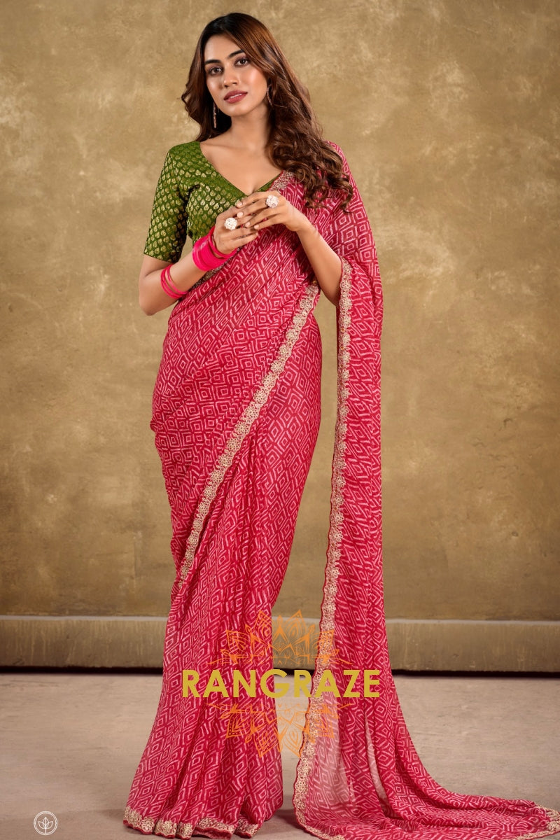 Magenta Pure Chiffon Saree with Geometric Print and Embroidered Border