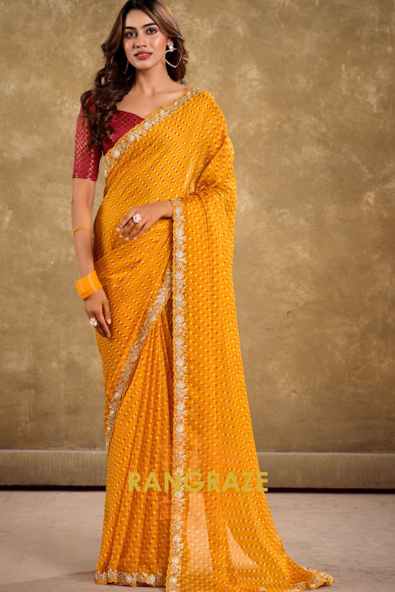 Mustard Bandhani Pure Chiffon Saree with Embroidered Border and Maroon Blouse