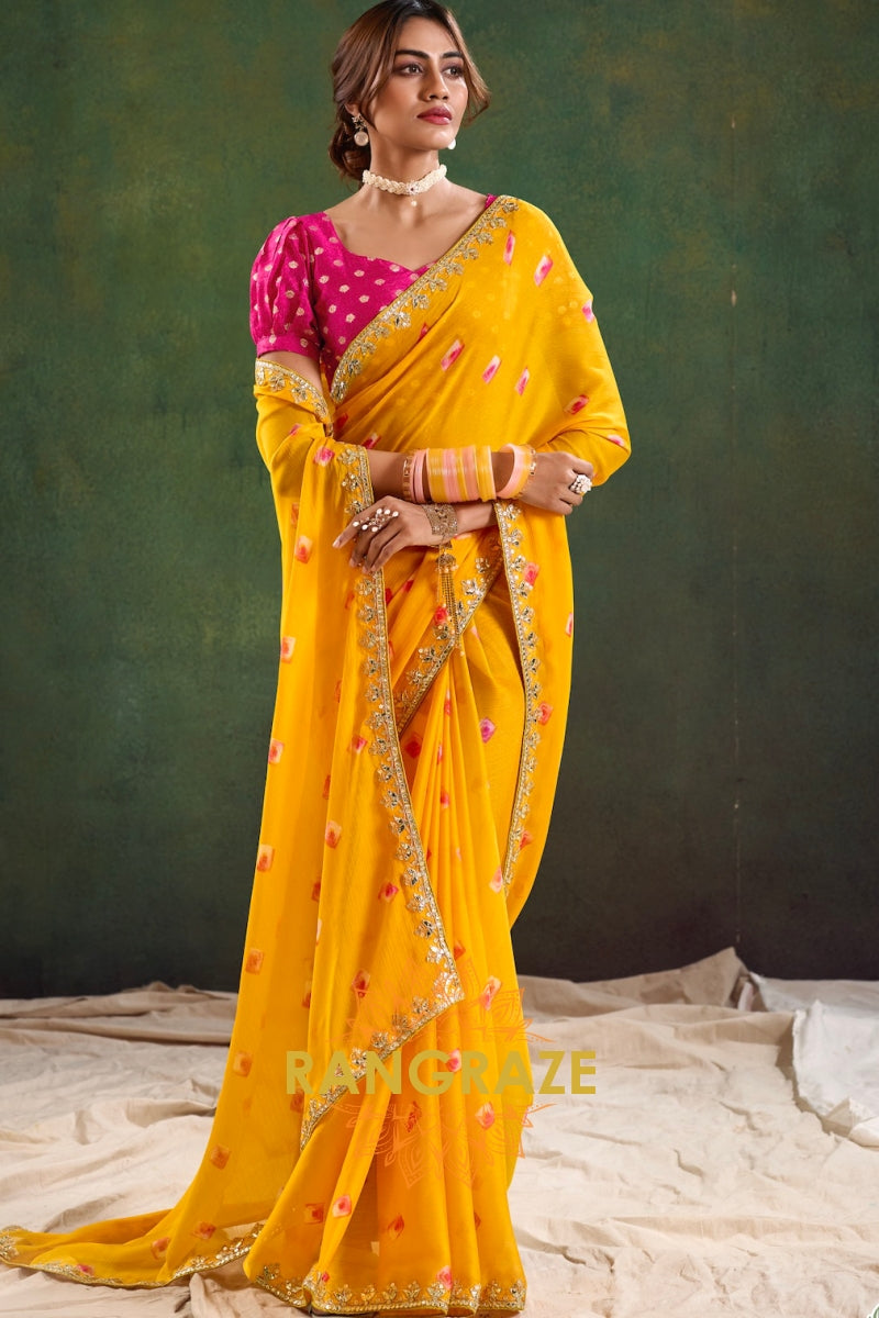 Golden Yellow Pure Chiffon Saree with Floral Motifs and Embroidered Border