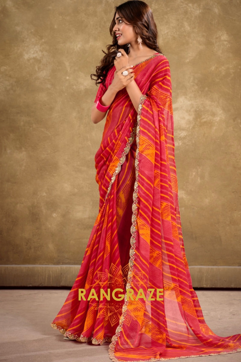 Crimson and Orange Striped Pure Chiffon Saree with Embroidered Border