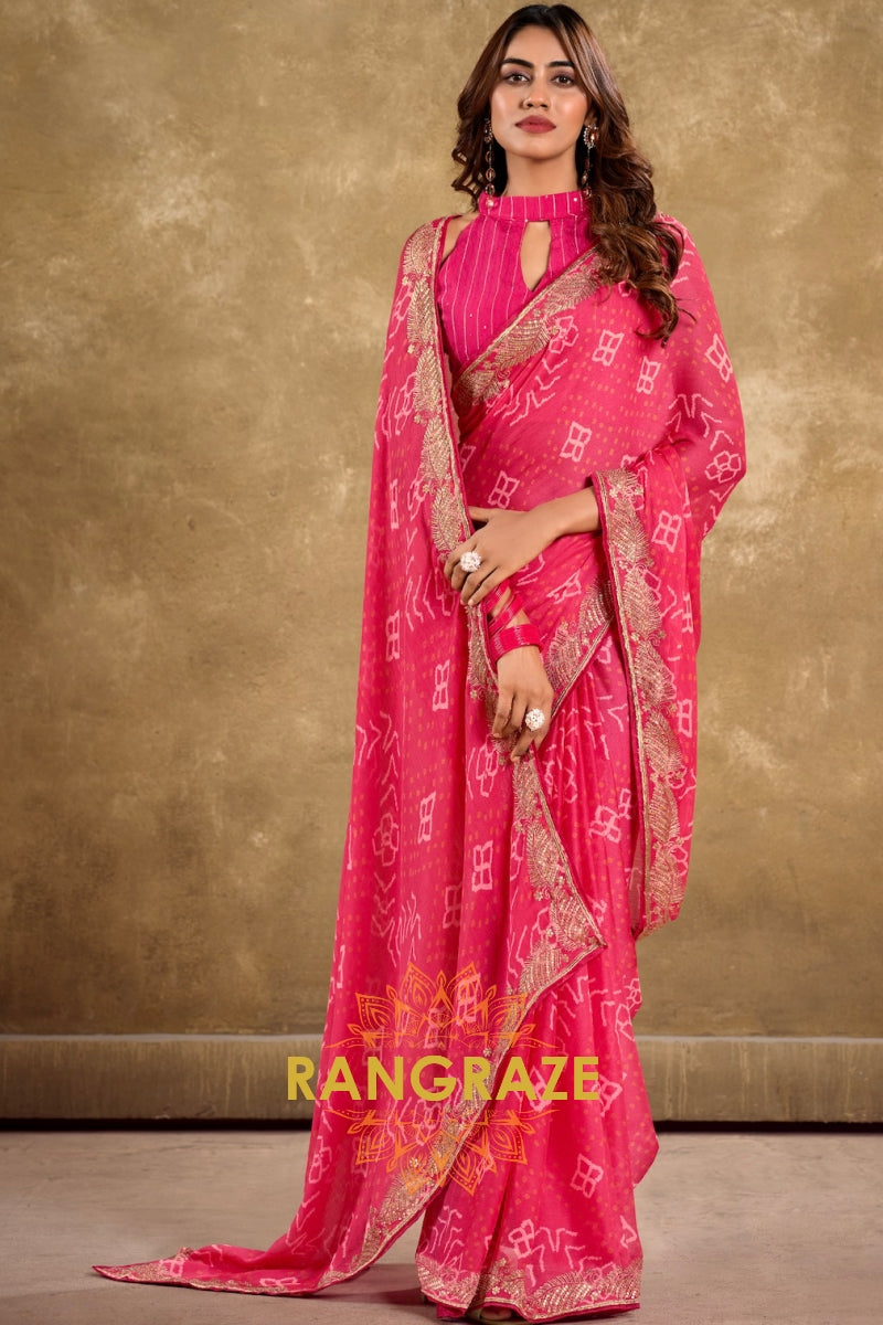 Rose Pink Bandhani Pure Chiffon Saree with Embroidered Border