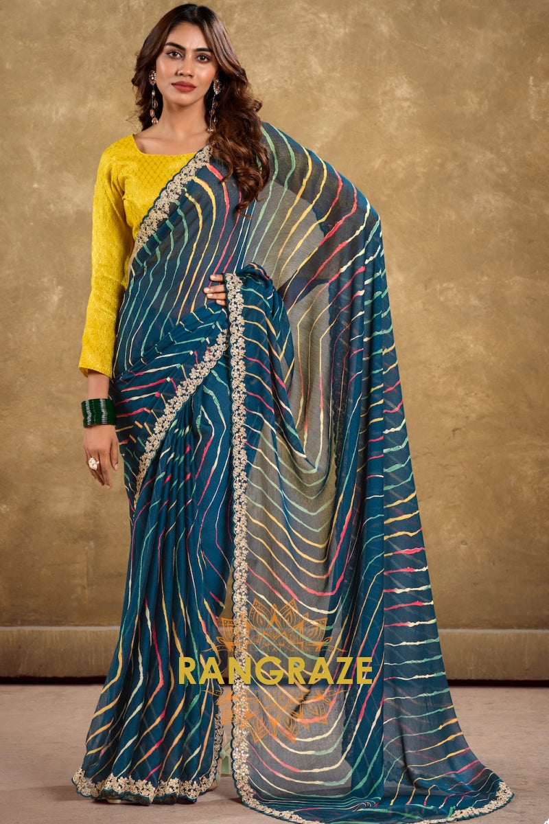 Teal Multicolor Pure Chiffon Saree with Embroidered Border