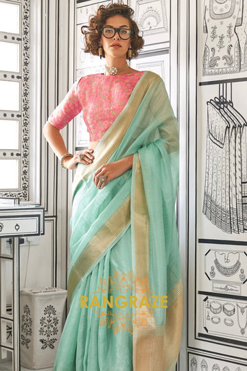 Seafoam Green Moss Chiffon Saree with Contrast Blouse