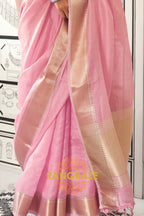 Blush Pink Moss Chiffon Saree with Mint Green Contrast Blouse