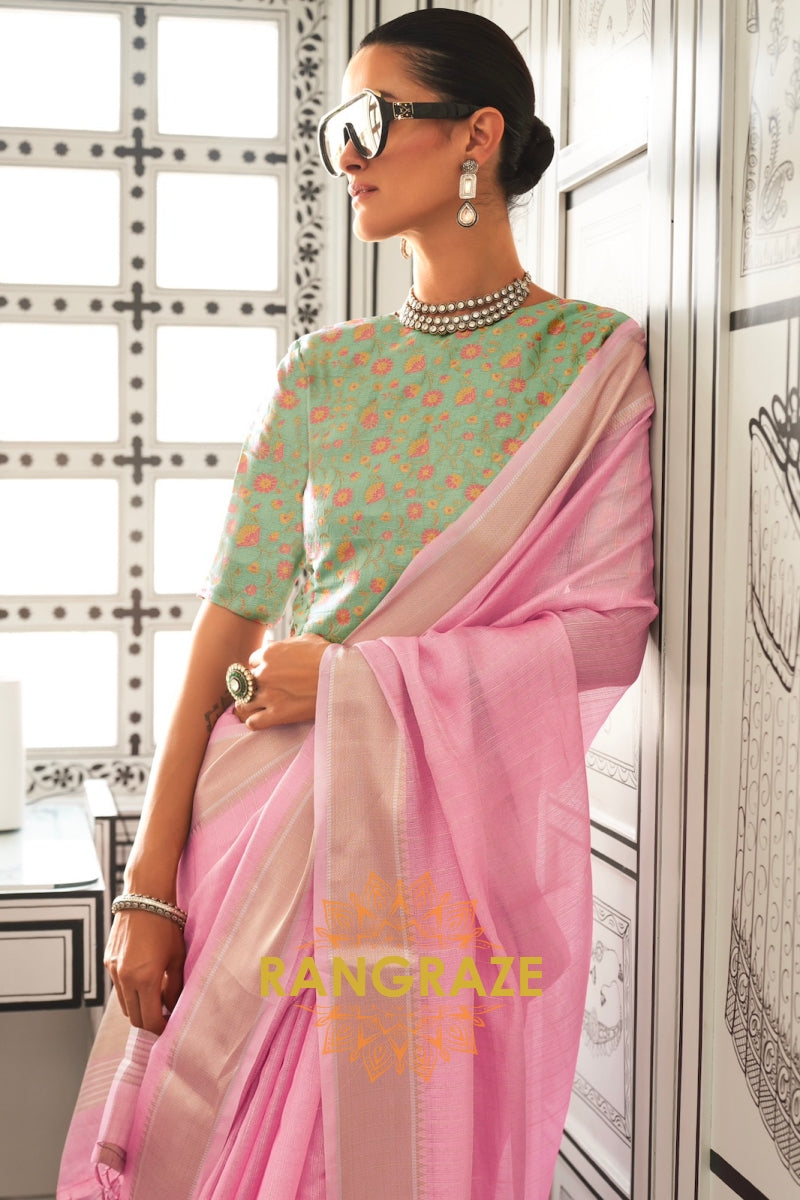 Blush Pink Moss Chiffon Saree with Mint Green Contrast Blouse