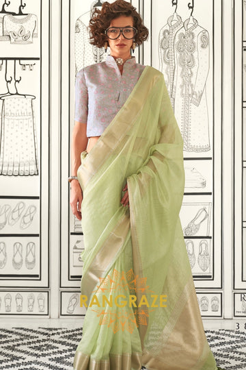 Pastel Green Moss Chiffon Saree with Silver Contrast Blouse