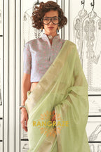 Pastel Green Moss Chiffon Saree with Silver Contrast Blouse