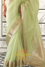 Pastel Green Moss Chiffon Saree with Silver Contrast Blouse
