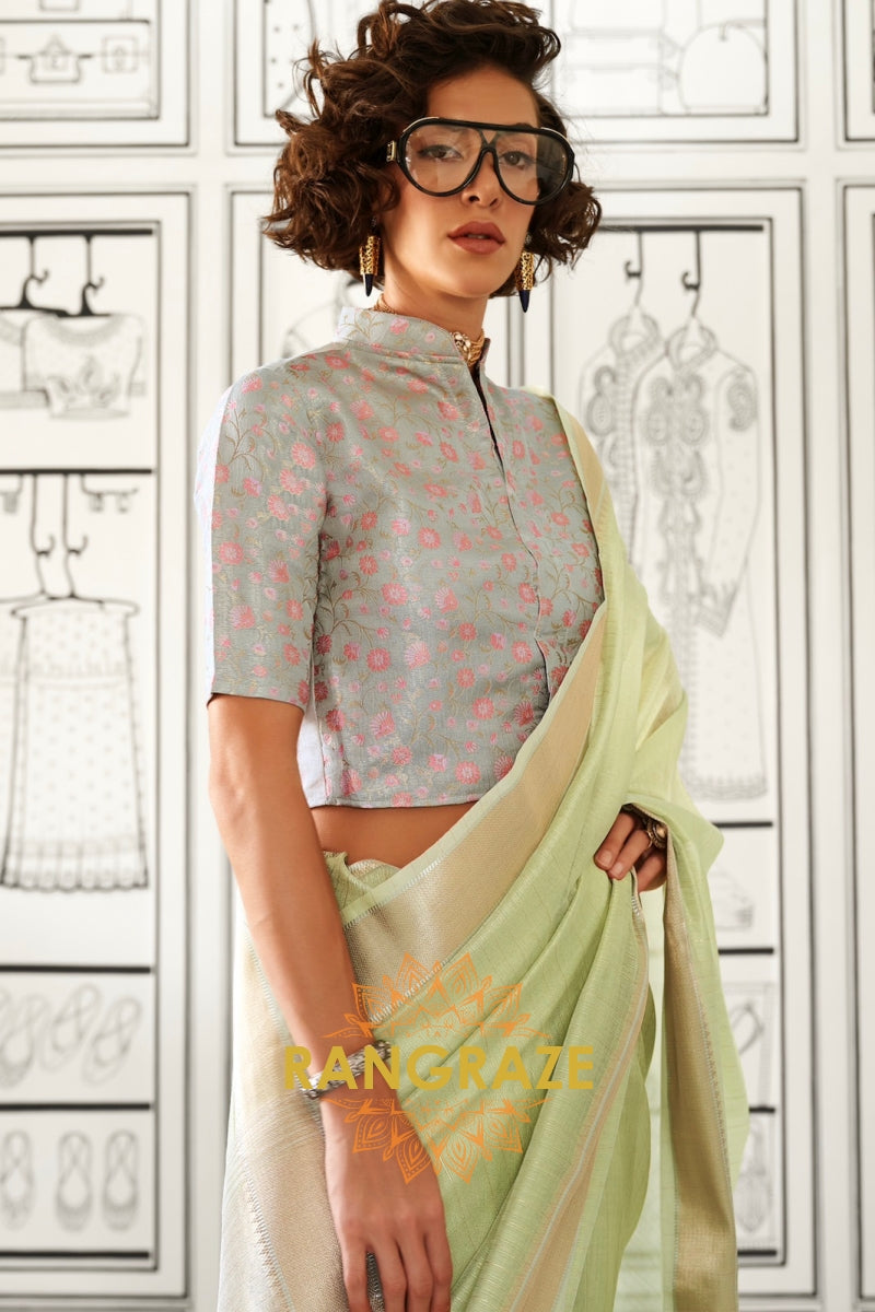 Pastel Green Moss Chiffon Saree with Silver Contrast Blouse