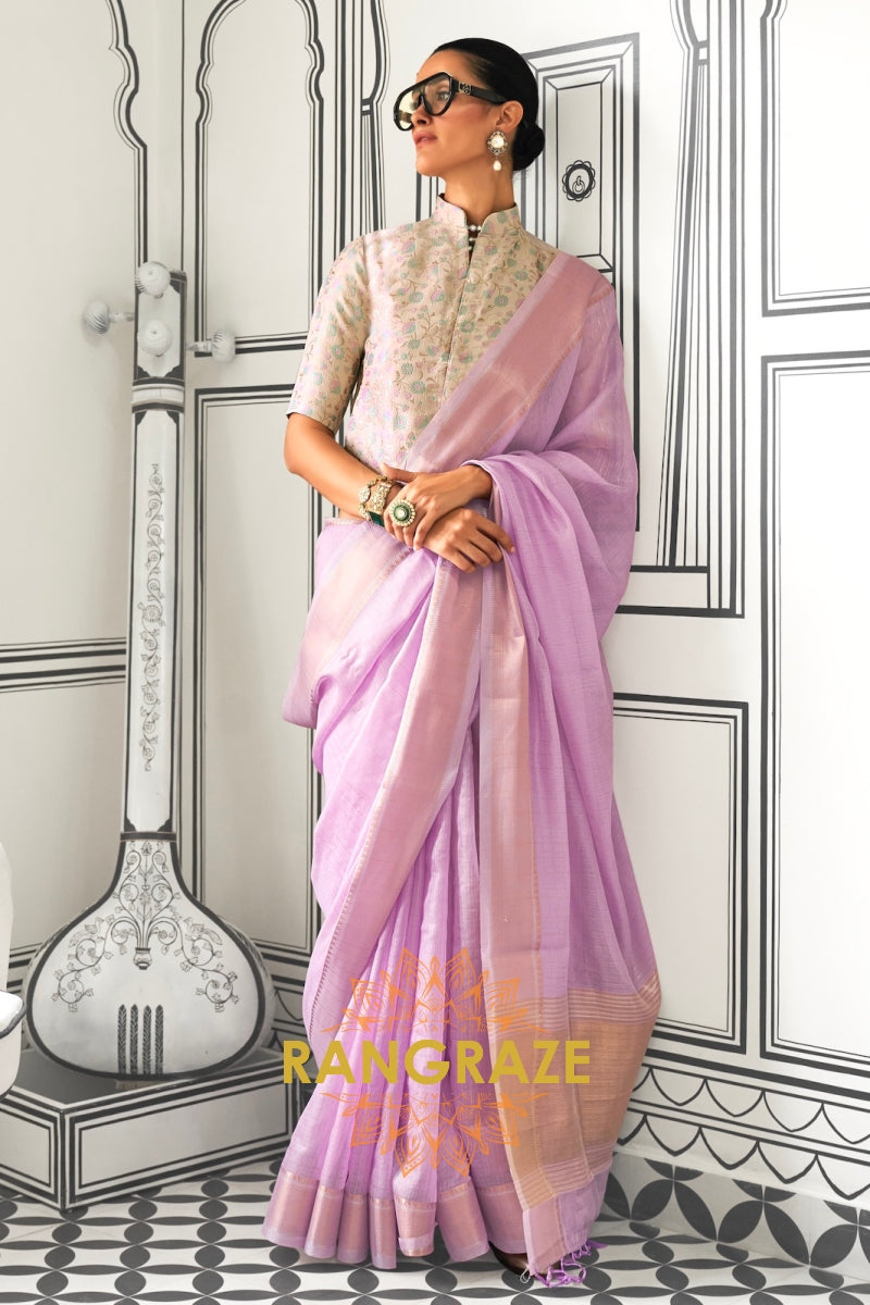 Lavender Blush Moss Chiffon Saree with Floral Contrast Blouse