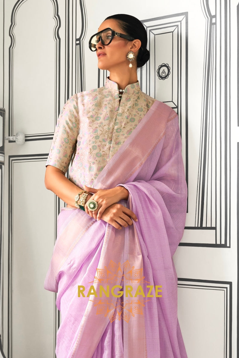 Lavender Blush Moss Chiffon Saree with Floral Contrast Blouse