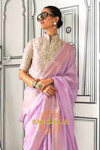 Lavender Blush Moss Chiffon Saree with Floral Contrast Blouse