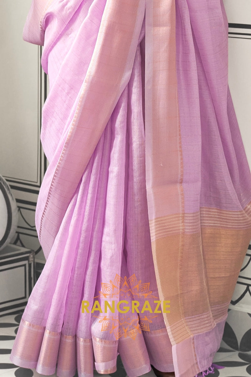 Lavender Blush Moss Chiffon Saree with Floral Contrast Blouse
