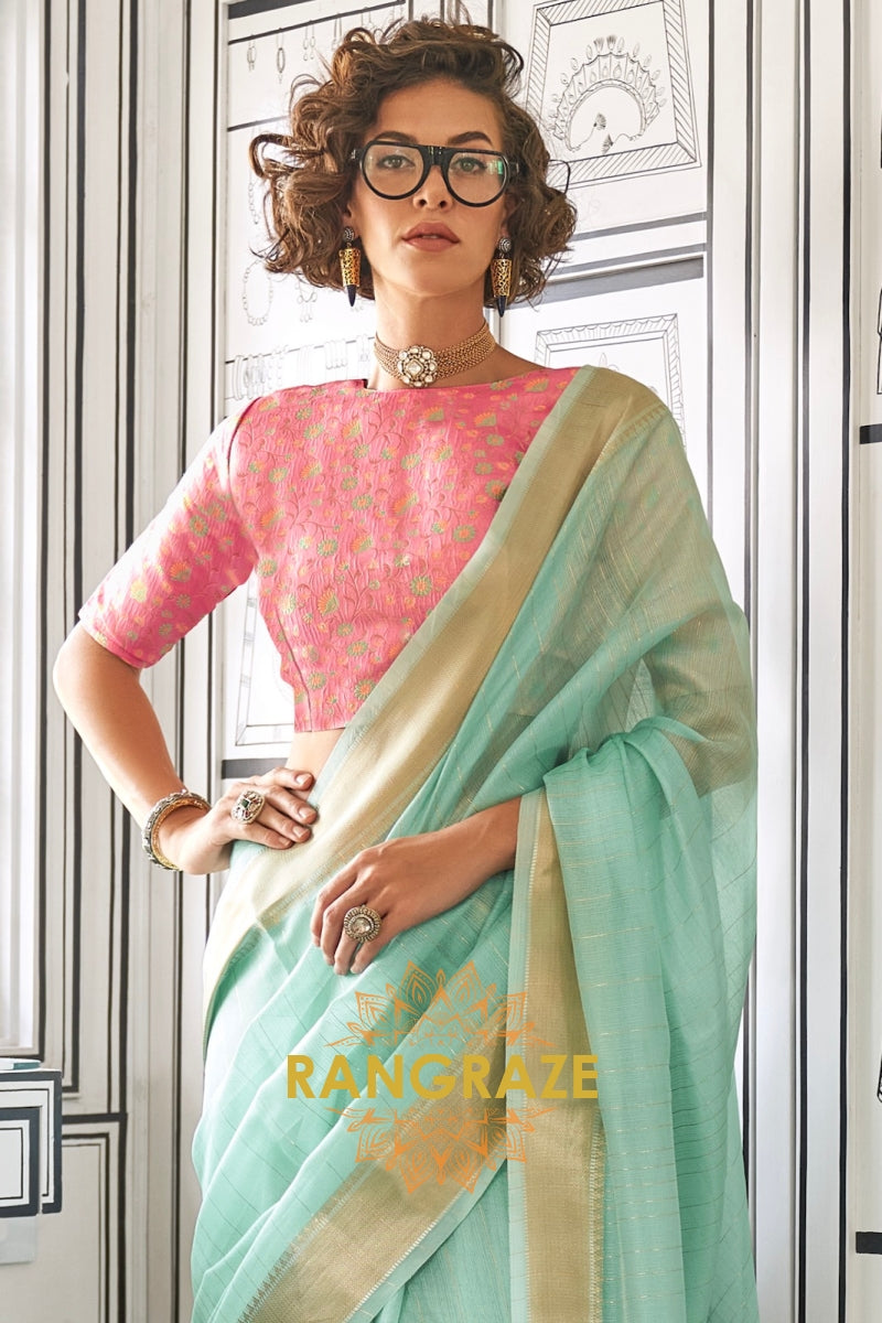 Seafoam Green Moss Chiffon Saree with Contrast Blouse