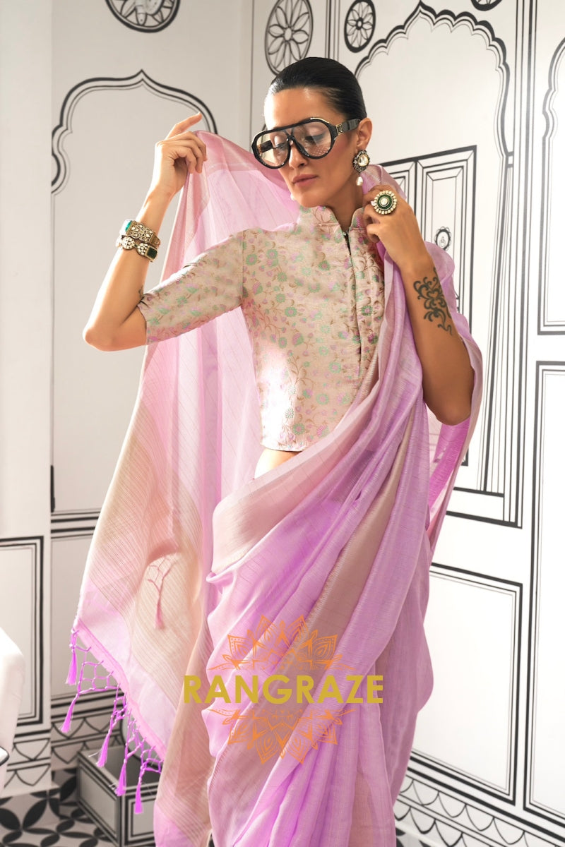 Lavender Blush Moss Chiffon Saree with Floral Contrast Blouse
