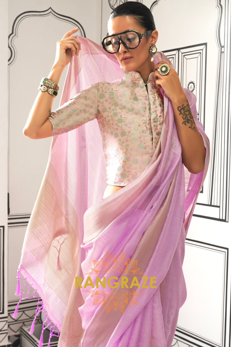 Lavender Blush Moss Chiffon Saree with Floral Contrast Blouse