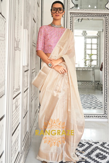 Ivory Cream Moss Chiffon Saree with Pink Contrast Blouse