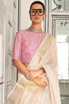 Ivory Cream Moss Chiffon Saree with Pink Contrast Blouse