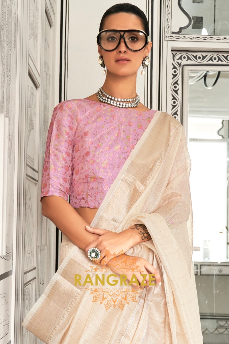 Ivory Cream Moss Chiffon Saree with Pink Contrast Blouse
