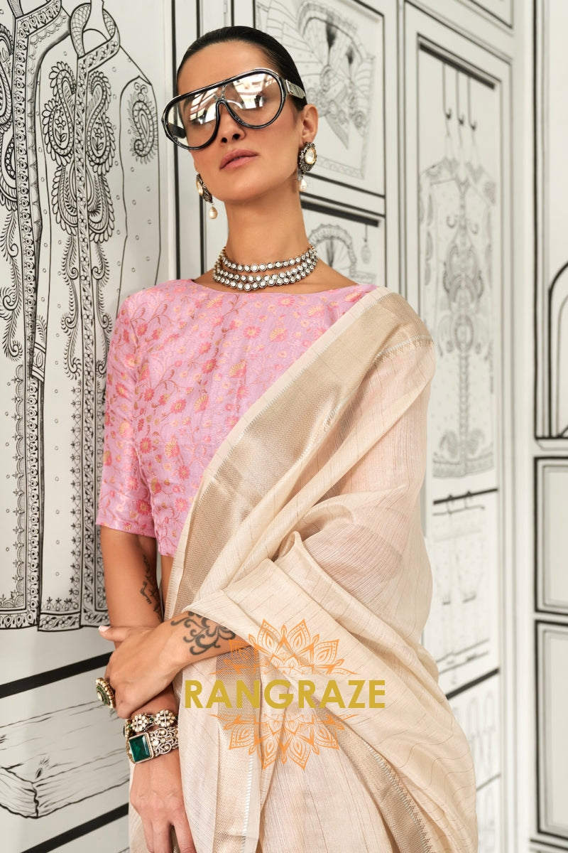 Ivory Cream Moss Chiffon Saree with Pink Contrast Blouse