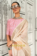 Ivory Cream Moss Chiffon Saree with Pink Contrast Blouse